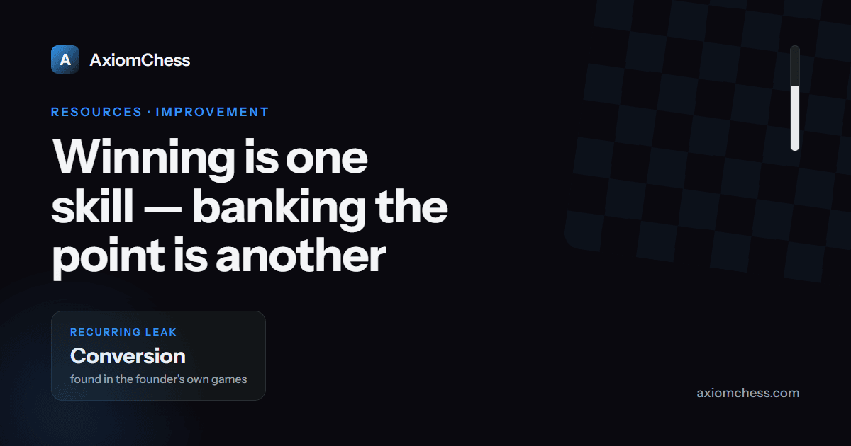 Dark AxiomChess card reading 'Winning is one skill — banking the point is another' with a recurring-leak chip naming conversion, found in the founder's own games