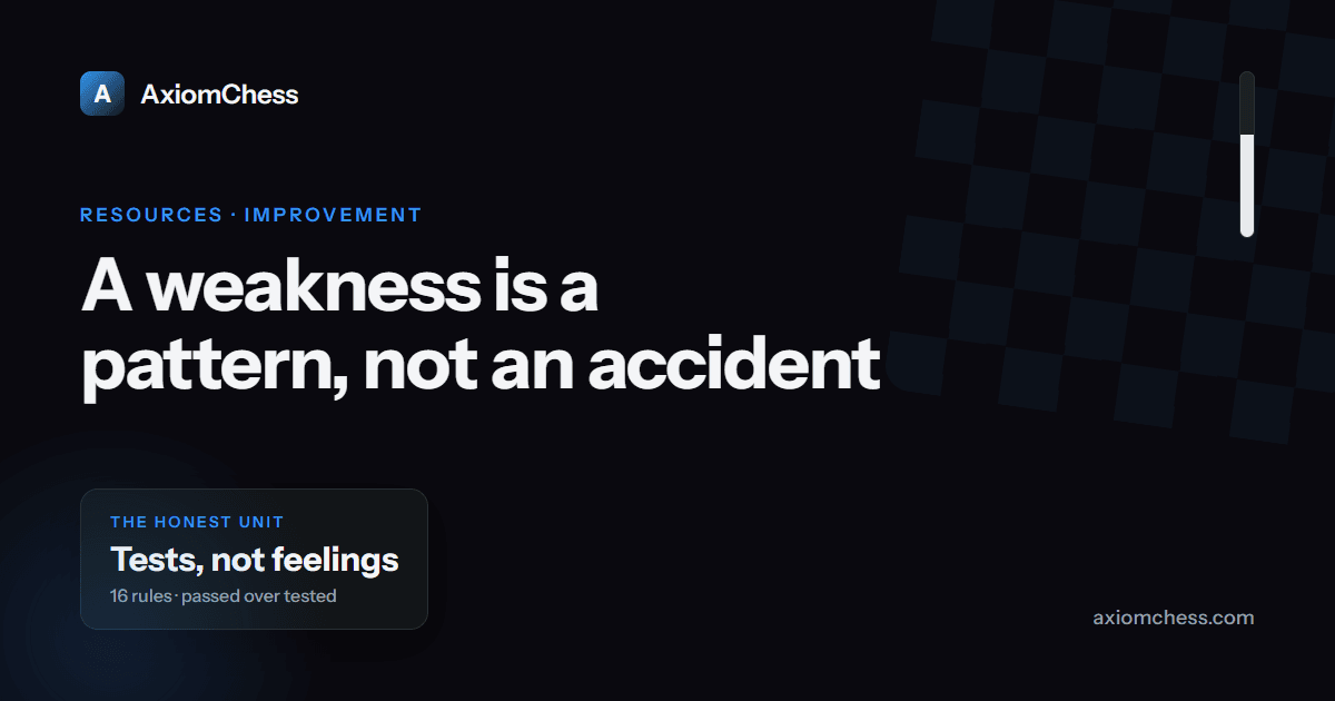 Dark AxiomChess card reading 'A weakness is a pattern, not an accident' with a chip reading 'Tests, not feelings — 16 rules, passed over tested'