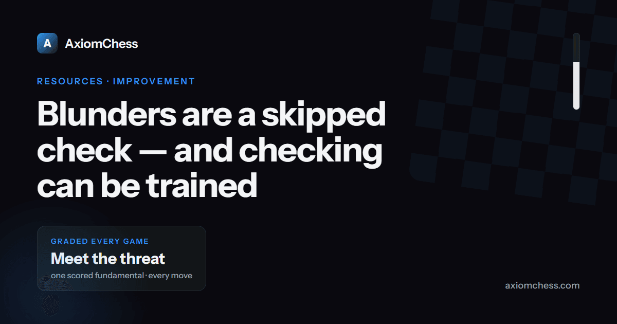 Dark AxiomChess card reading 'Blunders are a skipped check — and checking can be trained' with a stat chip showing the meet-the-threat fundamental graded across games